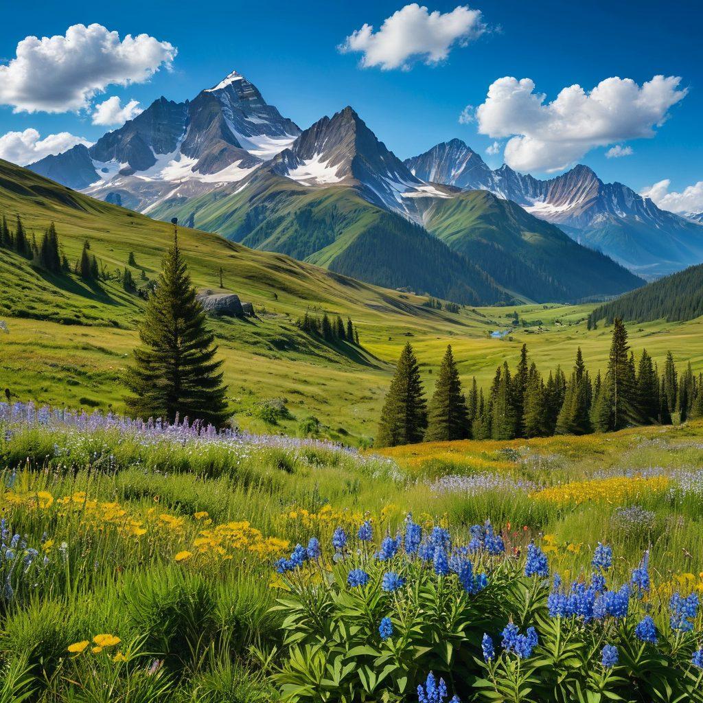 A breathtaking landscape that transitions from majestic mountains in the background to lush green meadows filled with wildflowers in the foreground, showcasing a clear blue sky with fluffy white clouds. Include silhouettes of adventure seekers like hikers or cyclists in the scene, emphasizing the spirit of exploration. Vibrant colors and a sense of serenity should pervade the image. super-realistic. vivid colors. panoramic view.