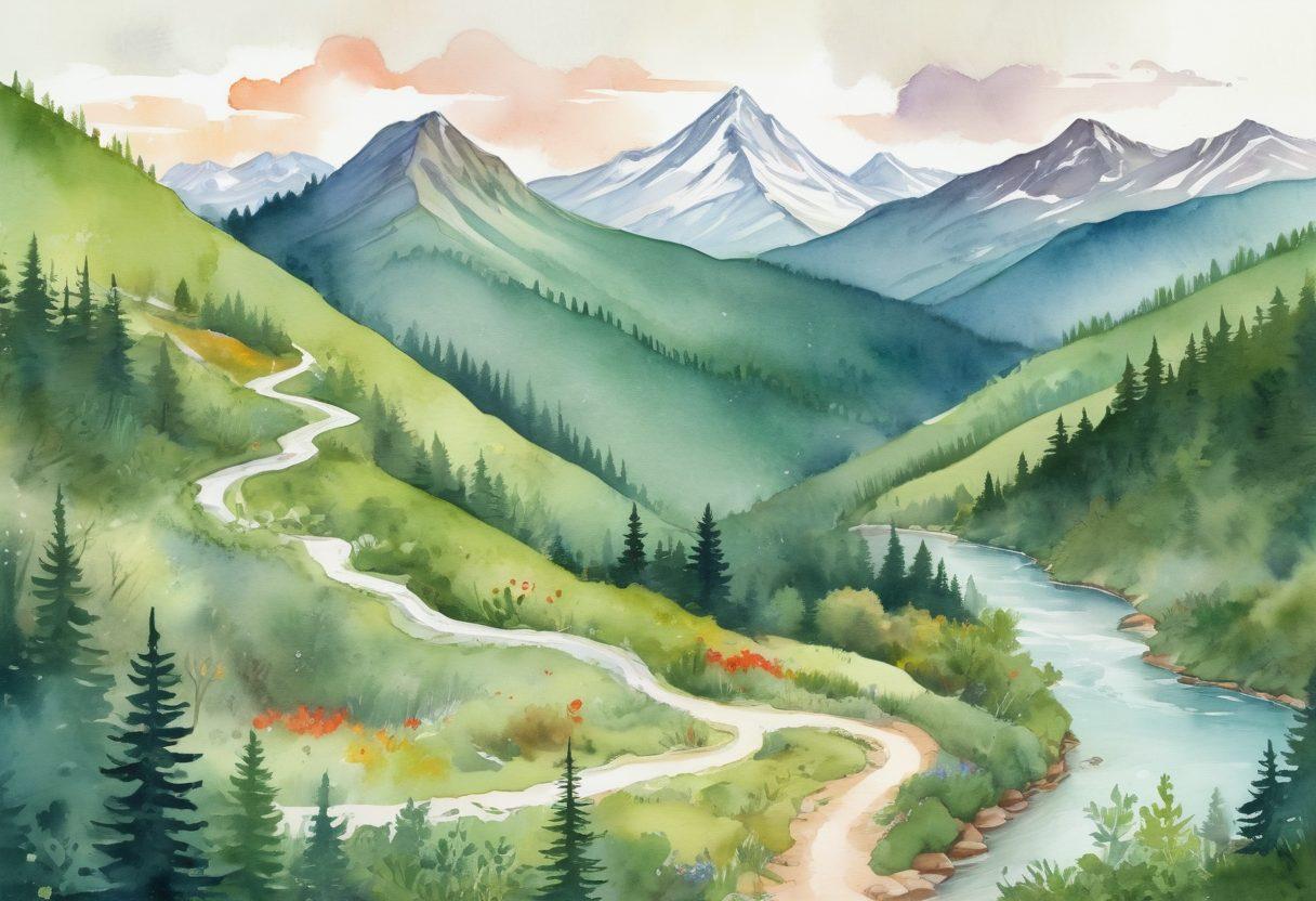 A beautifully illustrated trail map with winding paths showcasing vibrant scenic routes through lush forests and breathtaking mountain views. Include icons symbolizing hiking tips like water sources, lookout points, and campfire spots. The background should have soft watercolor textures to evoke a sense of adventure and tranquility. Add small whimsical elements such as birds, wildlife, and trees to enrich the scene. vibrant colors. watercolor painting.