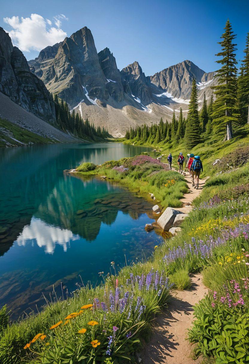 A breathtaking landscape of diverse hiking trails winding through lush forests, majestic mountains, and serene lakes under a bright blue sky. Include a group of enthusiastic hikers of various ages, capturing the spirit of adventure, while one individual takes a photo of the stunning scenery. Add vibrant wildflowers in the foreground to enhance the natural beauty. super-realistic. vibrant colors. inspirational.